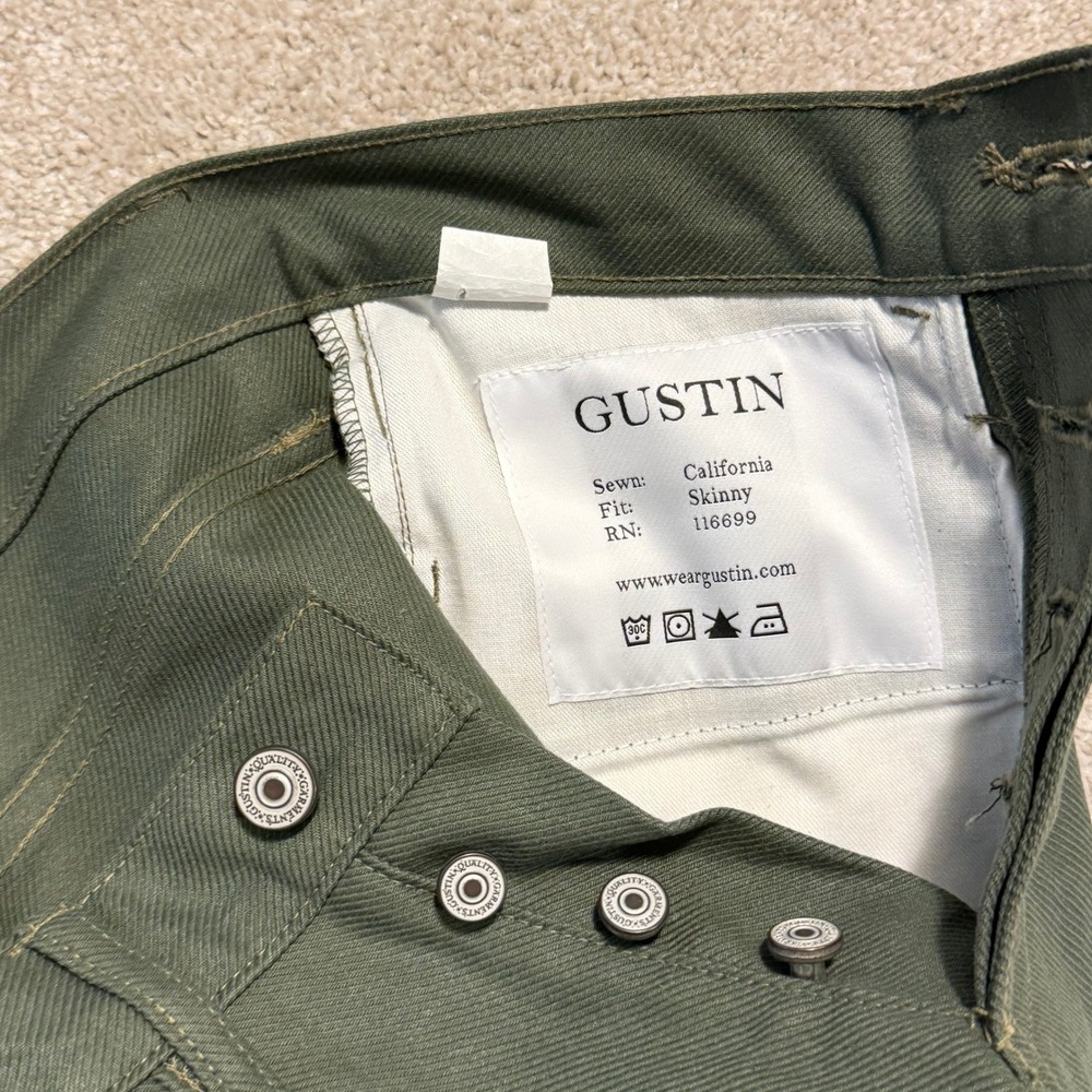 Gustin Jeans Mens 30 California Skinny Olive Green Button Fly NWOT - Picture 3 of 10